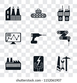 Set Of 9 simple transparency icons such as Tools, Electricity, Factory, Drilling machine, Drill, Stock, Walkie talkie, Conveyor, can be used for mobile, pixel perfect vector icon pack on