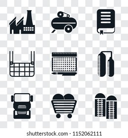 Set Of 9 simple transparency icons such as Silo, Coal, Truck, print, Elevator, Book, Compressor, Factory, can be used for mobile, pixel perfect vector icon pack on transparent background
