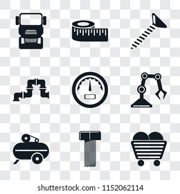 Set Of 9 simple transparency icons such as Coal, Bolt, Compressor, Industrial robot, Gauge, Pipe, Screw, Measure, Truck, can be used for mobile, pixel perfect vector icon pack on transparent