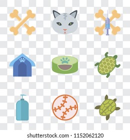 Set Of 9 simple transparency icons such as Turtle, Toy, Shampoo, Pet bed, house, Treats, Cat, Bones, can be used for mobile, pixel perfect vector icon pack on transparent background