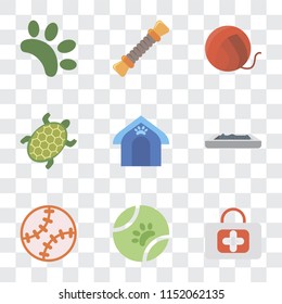 Set Of 9 simple transparency icons such as First aid, Ball, Toy, Litter box, Pet house, Turtle, Yarn, Rope, Animal, can be used for mobile, pixel perfect vector icon pack on transparent background