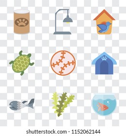 Set Of 9 simple transparency icons such as Fishbowl, Seaweed, Fish, Pet house, Toy, Turtle, Bird Lamp, food, can be used for mobile, pixel perfect vector icon pack on transparent