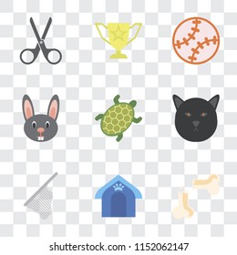 Set Of 9 simple transparency icons such as Bone, Pet house, Net, Cat, Turtle, Rabbit, Toy, Trophy, Scissors, can be used for mobile, pixel perfect vector icon pack on transparent background