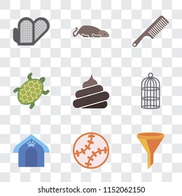 Set Of 9 simple transparency icons such as Filter, Toy, Pet house, Cage, Poop, Turtle, Comb, Mouse, Grooming glove, can be used for mobile, pixel perfect vector icon pack on transparent background