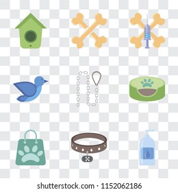 Set Of 9 simple transparency icons such as Drops, Collar, Shopping bag, Pet bed, Leash, Bird, Treats, Bones, Birdhouse, can be used for mobile, pixel perfect vector icon pack on transparent