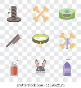 Set Of 9 simple transparency icons such as Shampoo, Rabbit, Spray, Treats, Collar, Brush, Pet bed, Bones, Scratching, can be used for mobile, pixel perfect vector icon pack on transparent background