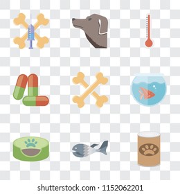 Set Of 9 simple transparency icons such as Pet food, Fish, bed, Fishbowl, Bones, Drugs, Thermometer, Dog, Treats, can be used for mobile, pixel perfect vector icon pack on transparent background