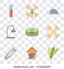 Set Of 9 simple transparency icons such as Seaweed, Bird house, Nail clippers, Bones, Pet bed, Lamp, Food, Treats, Test tube, can be used for mobile, pixel perfect vector icon pack on transparent