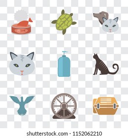 Set Of 9 simple transparency icons such as Animal carrier, Hamster ball, Bird, Cat, Shampoo, Pet, Turtle, Cat food, can be used for mobile, pixel perfect vector icon pack on transparent