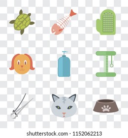 Set Of 9 simple transparency icons such as Dog food, Cat, Nail trimmer, Platform, Shampoo, Dog, Glove, Fish bone, Turtle, can be used for mobile, pixel perfect vector icon pack on transparent