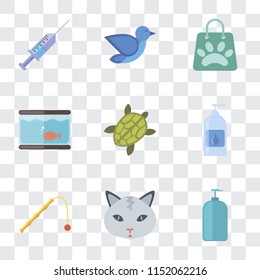 Set Of 9 simple transparency icons such as Shampoo, Cat, Toy, Drops, Turtle, Aquarium, Shopping bag, Bird, Syringe, can be used for mobile, pixel perfect vector icon pack on transparent background