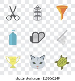 Set Of 9 simple transparency icons such as Turtle, Cat, Trophy, Net, Grooming glove, Shampoo, Filter, Cage, Scissors, can be used for mobile, pixel perfect vector icon pack on transparent background