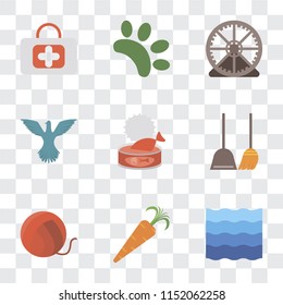 Set Of 9 simple transparency icons such as Water, Carrot, Yarn, Dustpan, Cat food, Bird, Hamster ball, Animal, First aid, can be used for mobile, pixel perfect vector icon pack on transparent