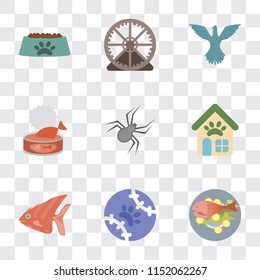 Set Of 9 simple transparency icons such as Fish food, Tennis, Fish, Pet shop, Spider, Cat Bird, Hamster ball, Bowl, can be used for mobile, pixel perfect vector icon pack on transparent
