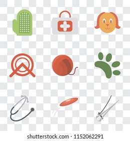 Set Of 9 simple transparency icons such as Nail trimmer, Frisbee, Stethoscope, Animal, Yarn, Wheel, Dog, First aid, Glove, can be used for mobile, pixel perfect vector icon pack on transparent