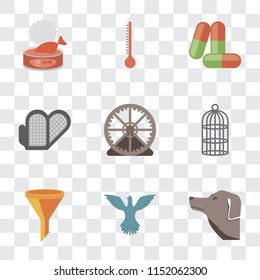 Set Of 9 simple transparency icons such as Dog, Bird, Filter, Cage, Hamster ball, Grooming glove, Drugs, Thermometer, Cat food, can be used for mobile, pixel perfect vector icon pack on transparent