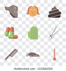 Set Of 9 simple transparency icons such as Thermometer, Mouse, Comb, Nail trimmer, Glove, Drugs, Poop, Dog, can be used for mobile, pixel perfect vector icon pack on transparent background