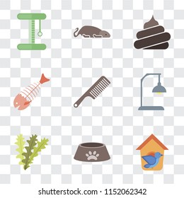 Set Of 9 simple transparency icons such as Bird house, Dog food, Seaweed, Lamp, Comb, Fish bone, Poop, Mouse, Platform, can be used for mobile, pixel perfect vector icon pack on transparent