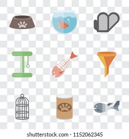 Set Of 9 simple transparency icons such as Fish, Pet food, Cage, Filter, Fish bone, Platform, Grooming glove, Fishbowl, Dog can be used for mobile, pixel perfect vector icon pack on transparent