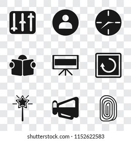 Set Of 9 simple transparency icons such as Fingerprint, Megaphone, Magic wand, Restart, Television, Reading, Clock, User, Controls, can be used for mobile, pixel perfect vector icon pack on