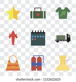 Set Of 9 simple transparency icons such as Sand castle, Aqualung, Bag, Trailer, Calendar, Airplane, Shirt, Suitcase, Star, can be used for mobile, pixel perfect vector icon pack on transparent