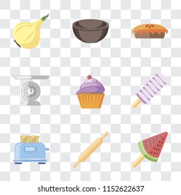 Set Of 9 simple transparency icons such as Ice cream, Rolling pin, Toaster, Cupcake, Scale, Pie, Bowl, Onion, can be used for mobile, pixel perfect vector icon pack on transparent