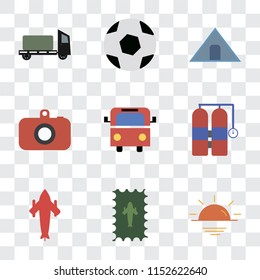 Set Of 9 simple transparency icons such as Sunset, Postage, Airplane, Aqualung, Bus, Camera, Tent, Ball, Trailer, can be used for mobile, pixel perfect vector icon pack on transparent background
