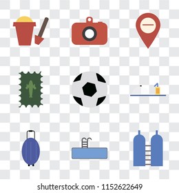 Set Of 9 simple transparency icons such as Oxygen, Swimming pool, Luggage, Room service, Ball, Postage, Map, Camera, Sand bucket, can be used for mobile, pixel perfect vector icon pack on transparent