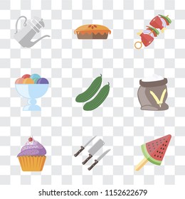 Set Of 9 simple transparency icons such as Ice cream, Knives, Cupcake, Flour, Cucumber, Kebab, Pie, Teapot, can be used for mobile, pixel perfect vector icon pack on transparent background