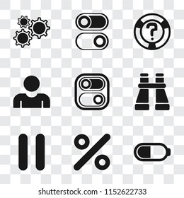 Set Of 9 simple transparency icons such as Battery, Percent, Pause, Binoculars, Switch, User, Help, Settings, can be used for mobile, pixel perfect vector icon pack on transparent background