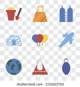 Set Of 9 simple transparency icons such as Luggage, Purse, Travel, Plane, Balloon, Igloo, Oxygen, Bag, Sand bucket, can be used for mobile, pixel perfect vector icon pack on transparent background