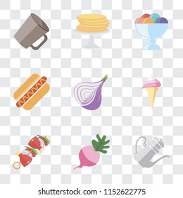 Set Of 9 simple transparency icons such as Teapot, Radish, Kebab, Ice cream, Onion, Hot dog, Pancakes, Mug, can be used for mobile, pixel perfect vector icon pack on transparent background