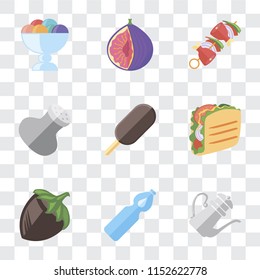 Set Of 9 simple transparency icons such as Teapot, Water, Hazelnut, Taco, Ice cream, Salt, Kebab, Fig, can be used for mobile, pixel perfect vector icon pack on transparent background