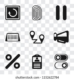 Set Of 9 simple transparency icons such as Switch, Id card, Percent, Megaphone, Placeholders, Calendar, Pause, Fingerprint, Restart, can be used for mobile, pixel perfect vector icon pack on