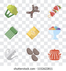 Set Of 9 simple transparency icons such as Pot, Potatoes, Teapot, Ice cream, Chips, Asparagus, Kebab, Gingerbread, Cauliflower, can be used for mobile, pixel perfect vector icon pack on transparent