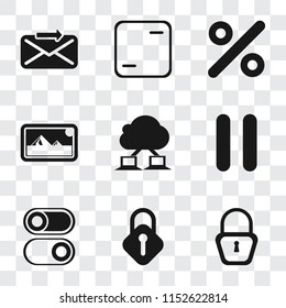 Set Of 9 simple transparency icons such as Locked, Lock, Switch, Pause, Cloud computing, Photos, Percent, Frame, Send, can be used for mobile, pixel perfect vector icon pack on transparent background