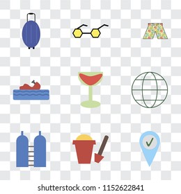 Set Of 9 simple transparency icons such as Check in, Sand bucket, Oxygen, Globe, Cocktail, Water craft, Swimsuit, Sunglasses, Luggage, can be used for mobile, pixel perfect vector icon pack on