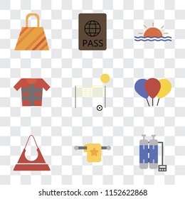 Set Of 9 simple transparency icons such as Oxygen tank, Towel, Purse, Balloon, Beach volleyball, Lifejacket, Sunset, Passport, Bag, can be used for mobile, pixel perfect vector icon pack on