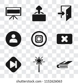 Set Of 9 simple transparency icons such as Notebook, Magic wand, Skip, Close, Stop, User, Exit, Upload, Television, can be used for mobile, pixel perfect vector icon pack on transparent background