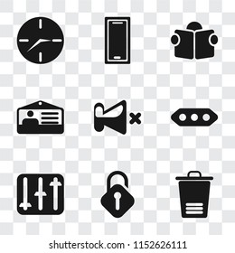 Set Of 9 simple transparency icons such as Trash, Unlocked, Controls, More, Mute, Id card, Reading, Smartphone, Clock, can be used for mobile, pixel perfect vector icon pack on transparent background