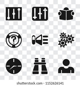 Set Of 9 simple transparency icons such as User, Binoculars, Clock, Settings, Speaker, Help, Reading, Controls, can be used for mobile, pixel perfect vector icon pack on transparent