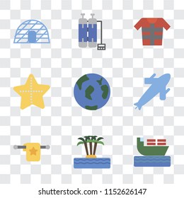 Set Of 9 simple transparency icons such as Ship, Island, Towel, Plane, Travel, Starfish, Lifejacket, Oxygen tank, Igloo, can be used for mobile, pixel perfect vector icon pack on transparent