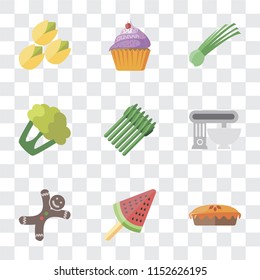 Set Of 9 simple transparency icons such as Pie, Ice cream, Gingerbread, Mixer, Asparagus, Cauliflower, Chives, Cupcake, Pistachio, can be used for mobile, pixel perfect vector icon pack on