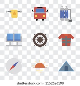 Set Of 9 simple transparency icons such as Tent, Sunset, Compass, Lifejacket, Helm, Waiting room, Oxygen tank, Bus, Towel, can be used for mobile, pixel perfect vector icon pack on transparent