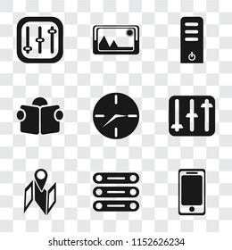 Set Of 9 simple transparency icons such as Smartphone, Database, Map, Controls, Clock, Reading, Server, Picture, can be used for mobile, pixel perfect vector icon pack on transparent