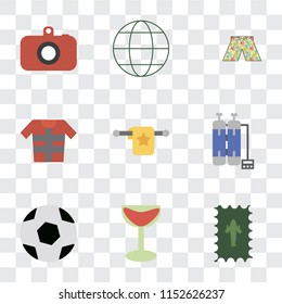 Set Of 9 simple transparency icons such as Postage, Cocktail, Ball, Oxygen tank, Towel, Lifejacket, Swimsuit, Globe, Camera, can be used for mobile, pixel perfect vector icon pack on transparent