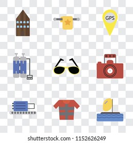 Set Of 9 simple transparency icons such as Parasailing, Lifejacket, Check out, Photography, Sunglasses, Oxygen tank, Gps, Towel, Hotel, can be used for mobile, pixel perfect vector icon pack on