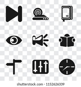 Set Of 9 simple transparency icons such as Clock, Controls, Reading, Speaker, View, Notebook, Wireless internet, Next, can be used for mobile, pixel perfect vector icon pack on transparent background