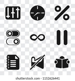 Set Of 9 simple transparency icons such as Reading, Muted, Notepad, Pause, Infinity, Switch, Percent, Clock, Controls, can be used for mobile, pixel perfect vector icon pack on transparent background