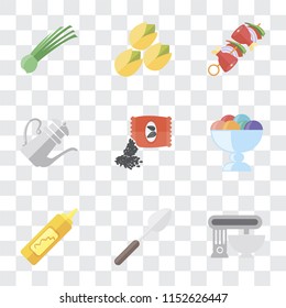 Set Of 9 simple transparency icons such as Mixer, Spoon, Mustard, Ice cream, Seeds, Teapot, Kebab, Pistachio, Chives, can be used for mobile, pixel perfect vector icon pack on transparent background